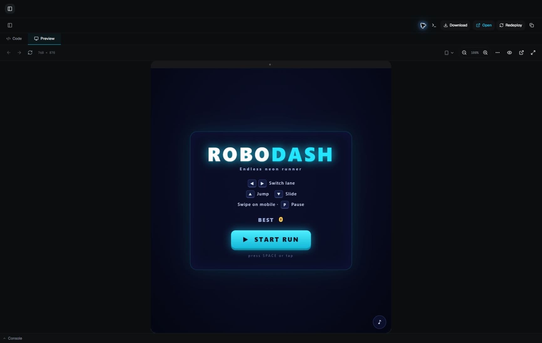 Modurian live preview of a web game project