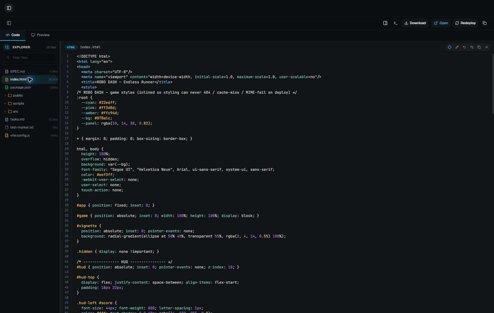 Modurian code viewer showing generated project files