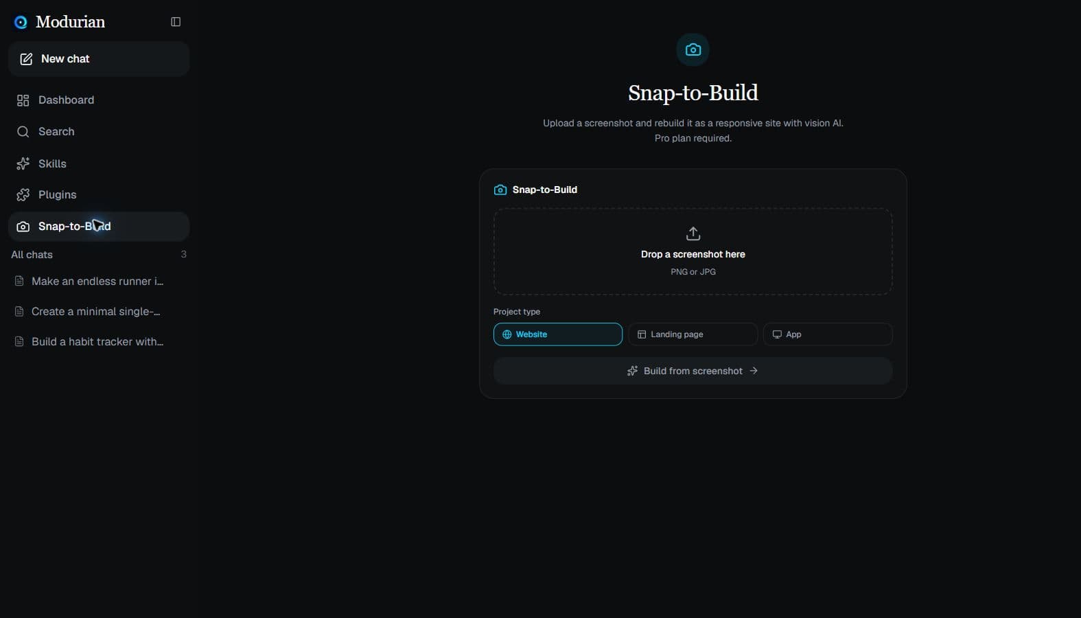 Modurian Snap-to-Build upload screen