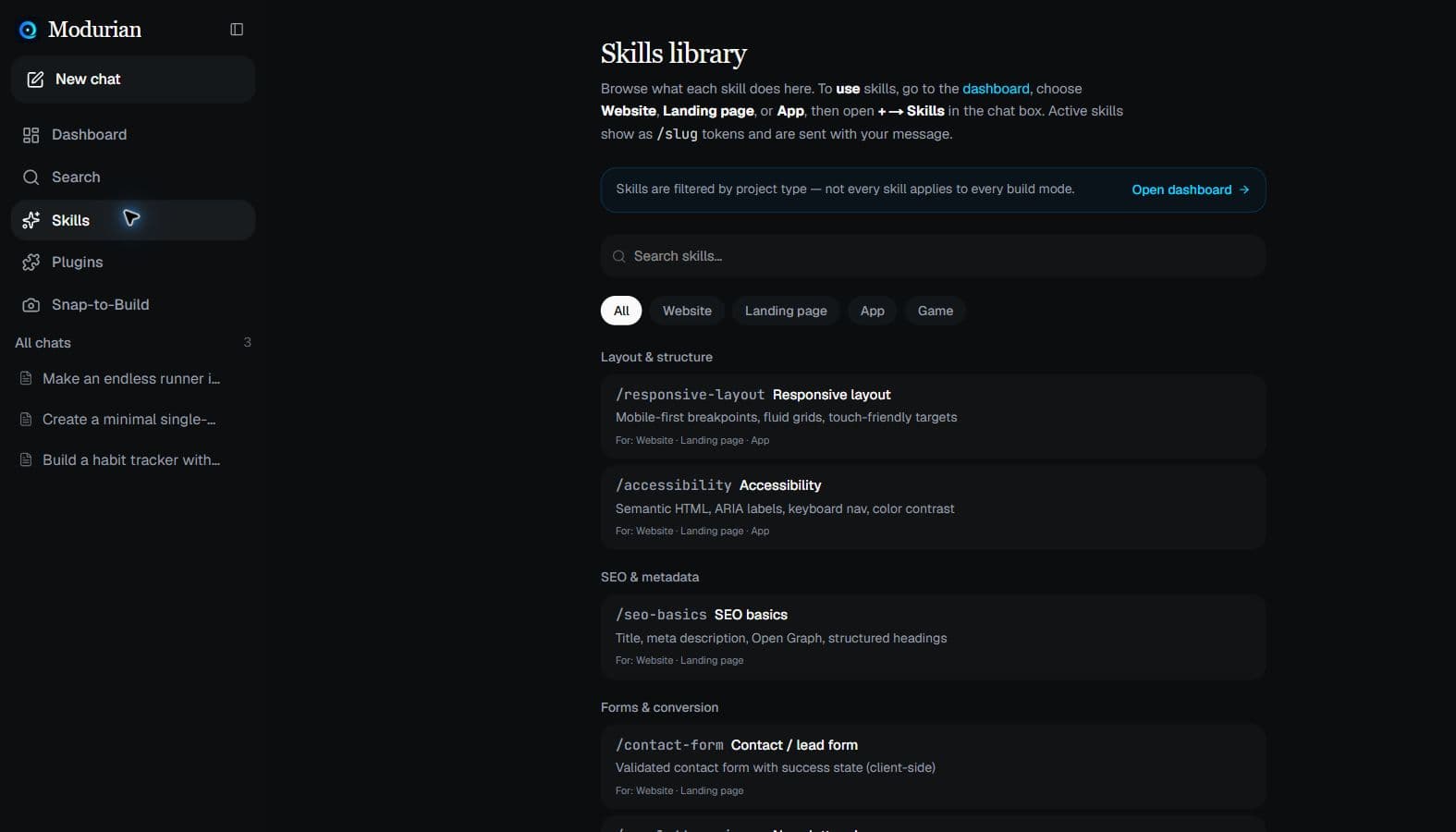 Modurian skills library for layout, SEO, and forms